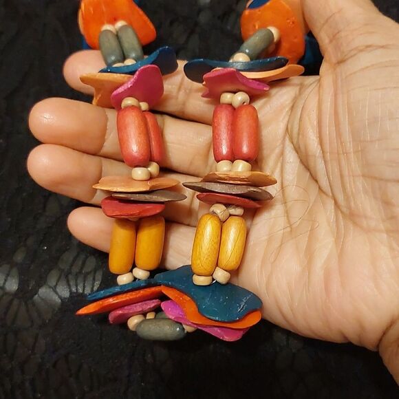 Tribal Exotic Fun Multicolor Wooden Beads Necklace Bold Statement - Picture 4 of 6